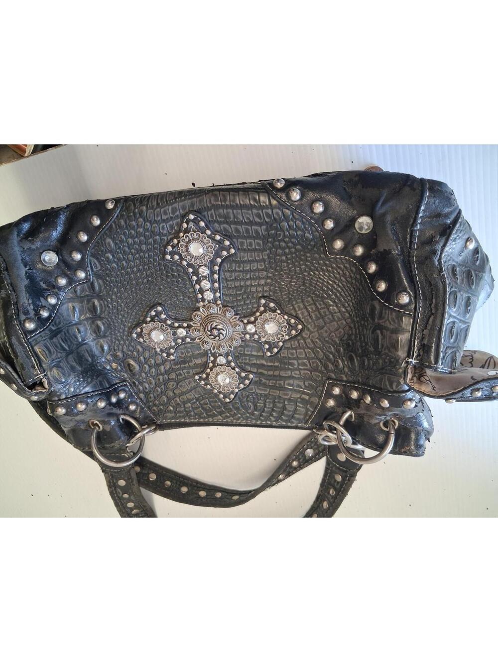 Black Faux Leather Cross Y2K Studded Handbag